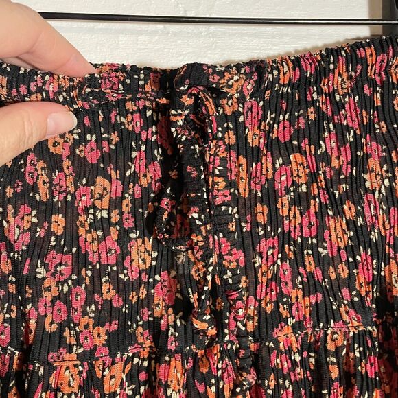VTG Sag Harbor Maxi Skirt Black Red Orange Ditsy Floral Pleated Drawstring S - Picture 4 of 10